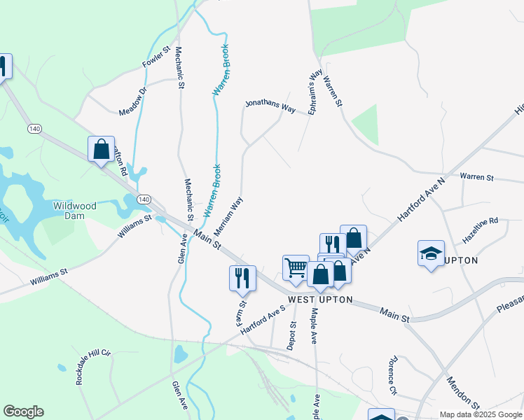 map of restaurants, bars, coffee shops, grocery stores, and more near 9 Merriam Way in Upton