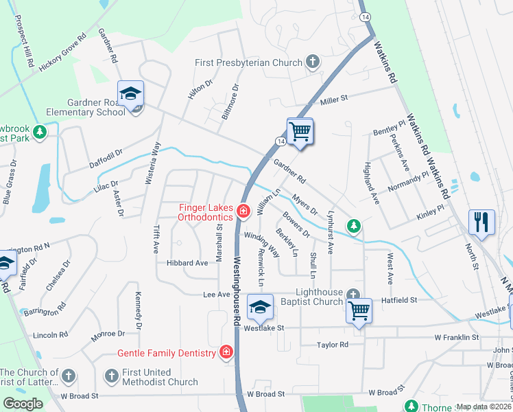 map of restaurants, bars, coffee shops, grocery stores, and more near 115 William Lane in Horseheads