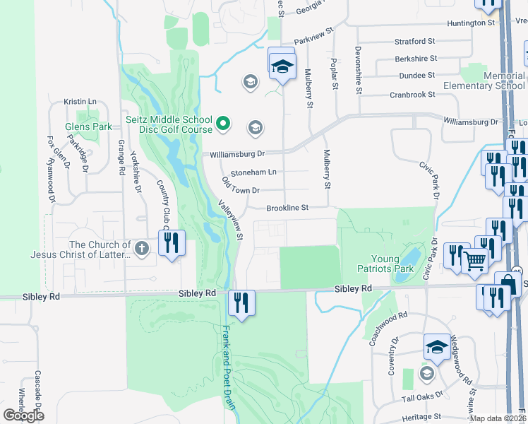 map of restaurants, bars, coffee shops, grocery stores, and more near 14824 Brookline Street in Riverview