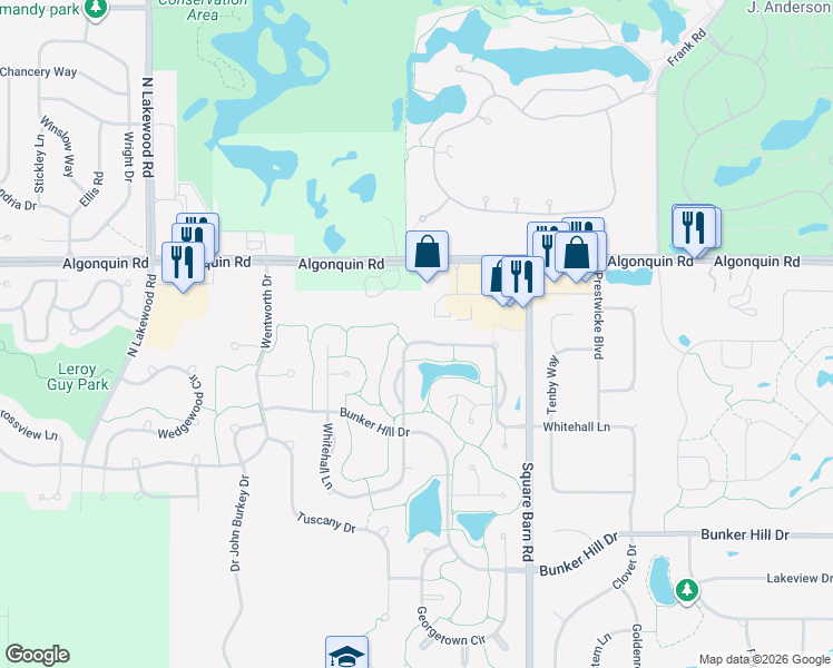 map of restaurants, bars, coffee shops, grocery stores, and more near 4221 Whitehall Lane in Algonquin