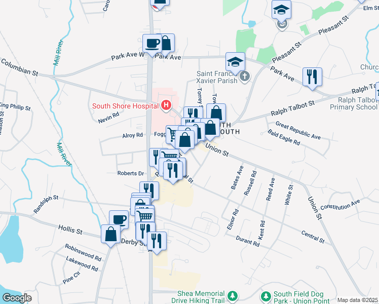 map of restaurants, bars, coffee shops, grocery stores, and more near in Weymouth