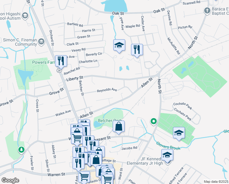 map of restaurants, bars, coffee shops, grocery stores, and more near 23 Reynolds Avenue in Randolph