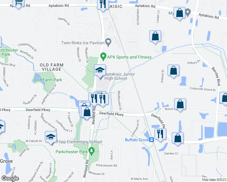 map of restaurants, bars, coffee shops, grocery stores, and more near 1154 Windbrooke Drive in Buffalo Grove