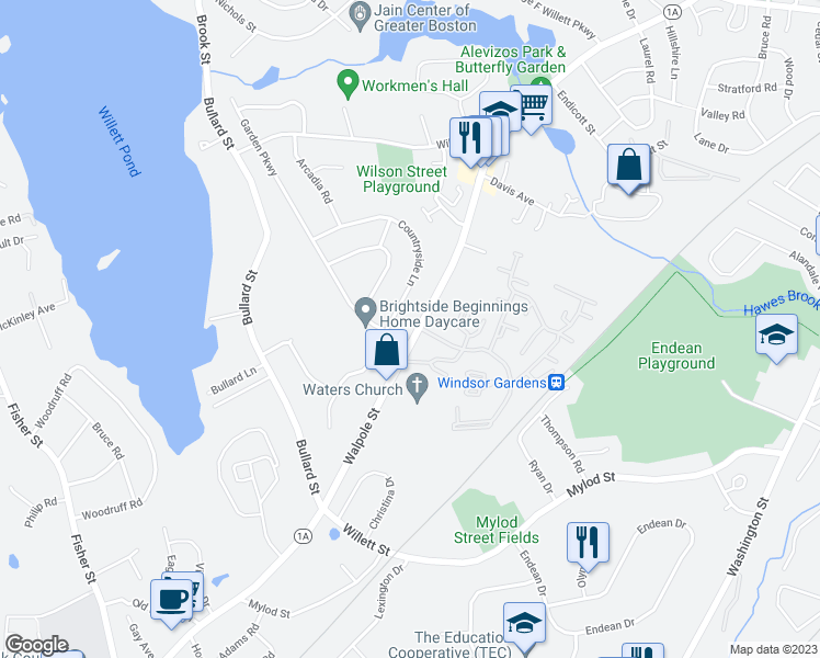 map of restaurants, bars, coffee shops, grocery stores, and more near 627 Walpole Street in Norwood