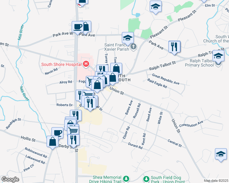 map of restaurants, bars, coffee shops, grocery stores, and more near 22 Union Street in Weymouth