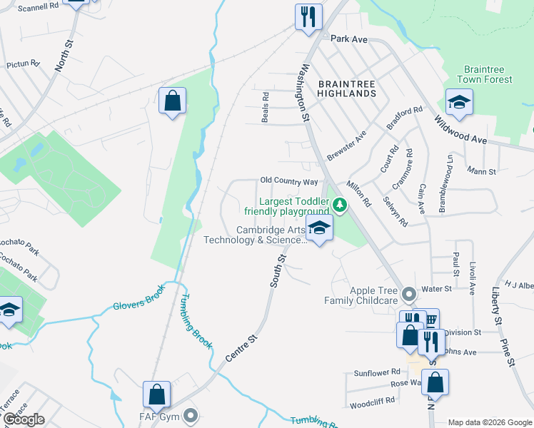 map of restaurants, bars, coffee shops, grocery stores, and more near 38 Leahaven Terrace in Braintree