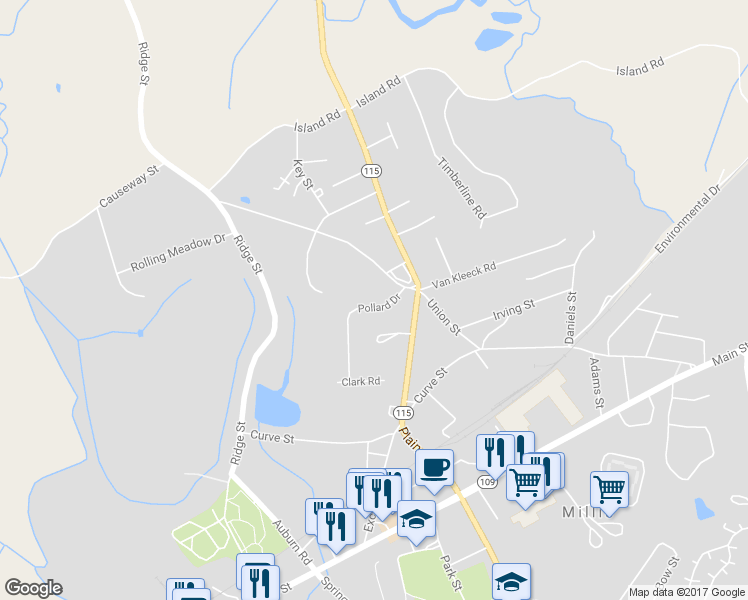map of restaurants, bars, coffee shops, grocery stores, and more near 15 Pollard Drive in Millis