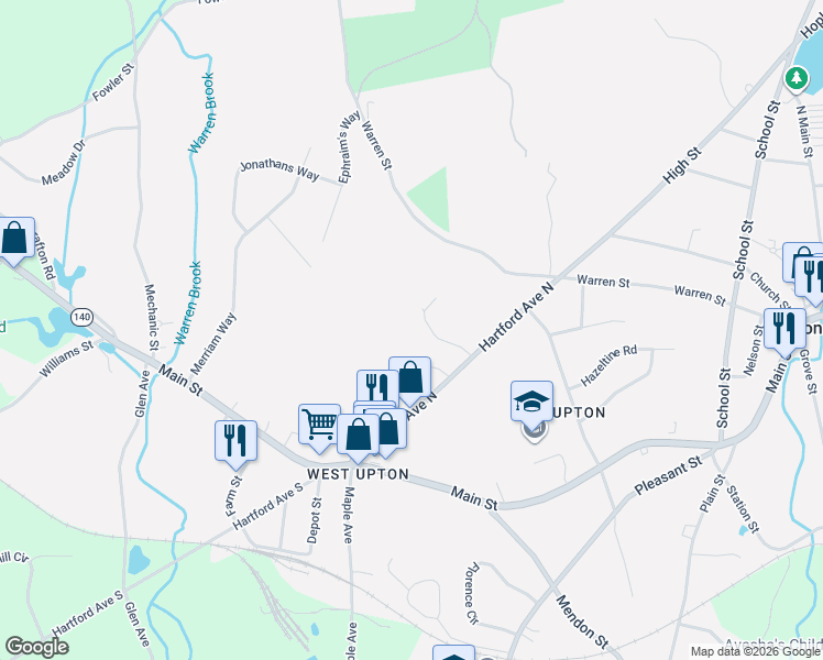map of restaurants, bars, coffee shops, grocery stores, and more near 12 Breton Road in Upton