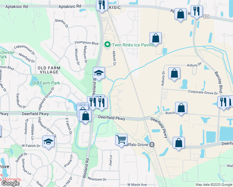 map of restaurants, bars, coffee shops, grocery stores, and more near 1160 Windbrooke Drive in Buffalo Grove