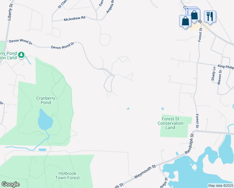map of restaurants, bars, coffee shops, grocery stores, and more near 179 Tyson Commons Lane in Braintree
