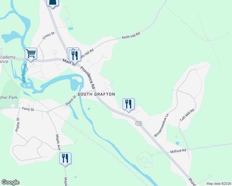 map of restaurants, bars, coffee shops, grocery stores, and more near 12 Harding Street in Grafton