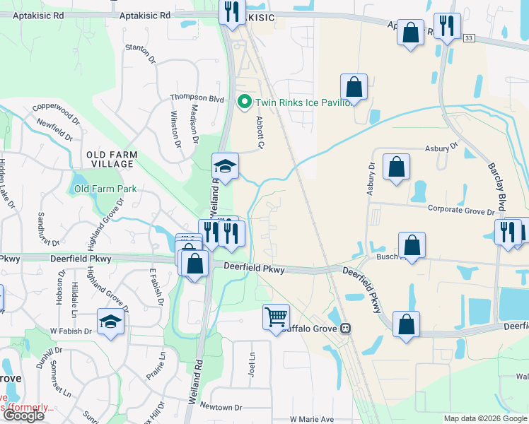 map of restaurants, bars, coffee shops, grocery stores, and more near 1168 Windbrooke Drive in Buffalo Grove