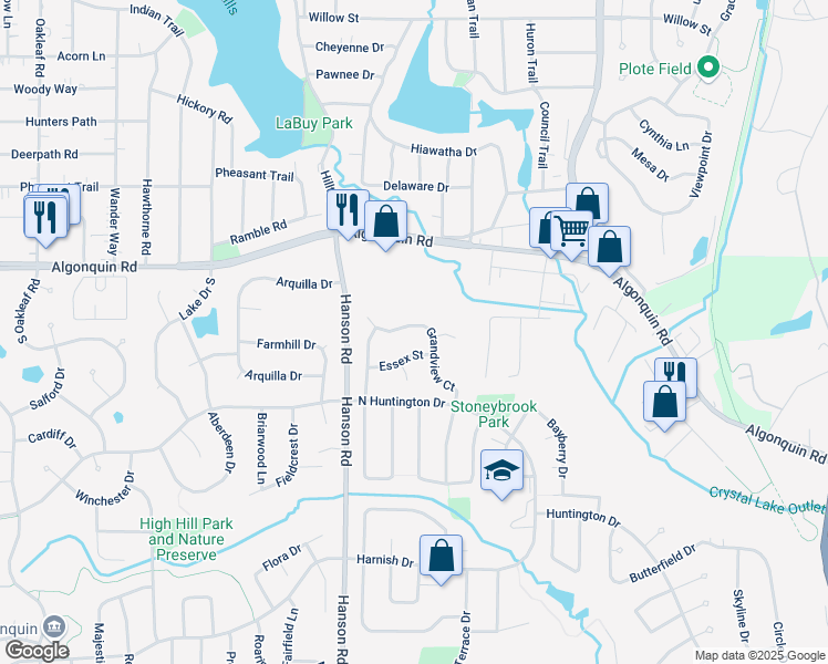 map of restaurants, bars, coffee shops, grocery stores, and more near 1379 Grandview Court in Algonquin