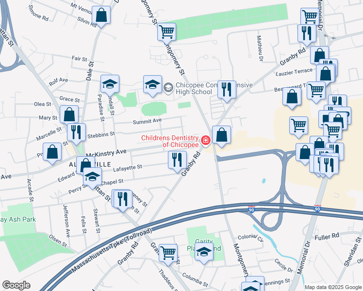 map of restaurants, bars, coffee shops, grocery stores, and more near 933 McKinstry Avenue in Chicopee