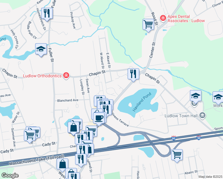map of restaurants, bars, coffee shops, grocery stores, and more near 517 Ideal Lane in Ludlow