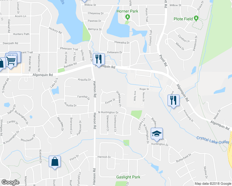 map of restaurants, bars, coffee shops, grocery stores, and more near 1363 Grandview Court in Algonquin