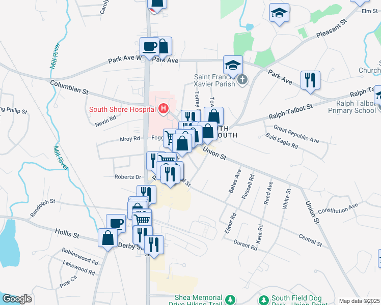 map of restaurants, bars, coffee shops, grocery stores, and more near in Weymouth