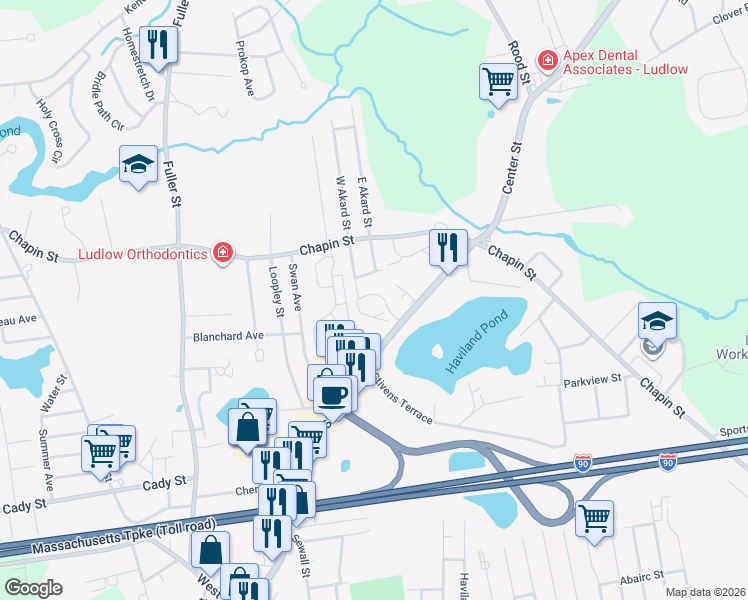 map of restaurants, bars, coffee shops, grocery stores, and more near 6 Quincy Street in Ludlow