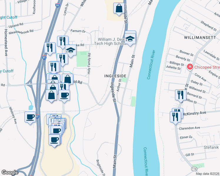 map of restaurants, bars, coffee shops, grocery stores, and more near 345 Ingleside Street in Holyoke