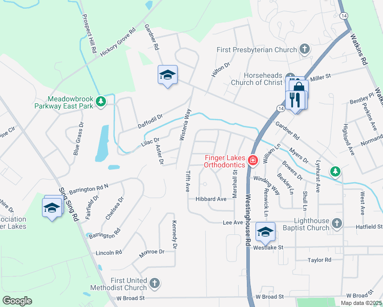 map of restaurants, bars, coffee shops, grocery stores, and more near Tifft Avenue & Douglas Drive in Horseheads