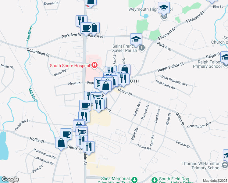 map of restaurants, bars, coffee shops, grocery stores, and more near in Weymouth