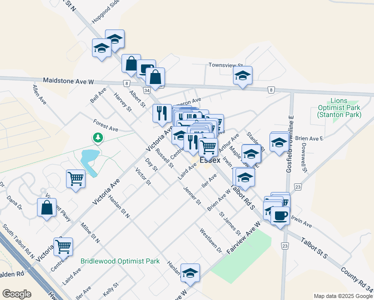 map of restaurants, bars, coffee shops, grocery stores, and more near 19 Centre Street in Essex