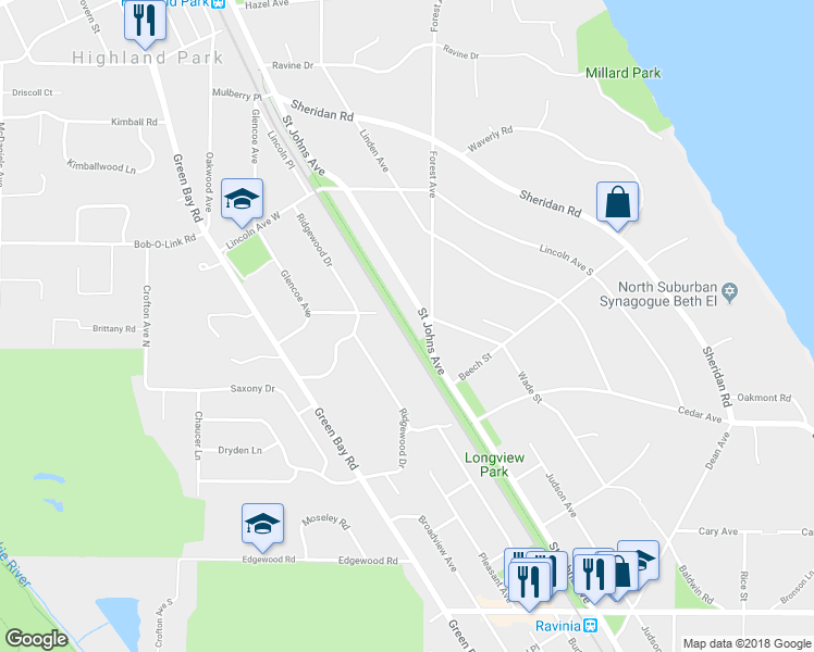 map of restaurants, bars, coffee shops, grocery stores, and more near 1701 Saint Johns Avenue in Highland Park