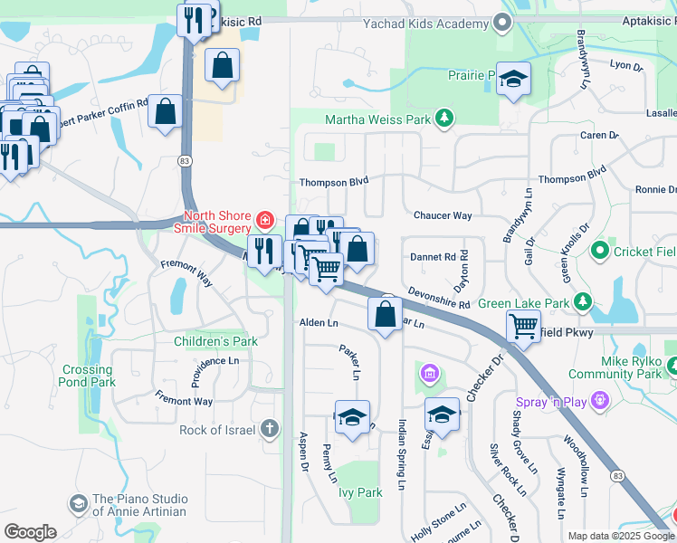 map of restaurants, bars, coffee shops, grocery stores, and more near 1155 Old McHenry Road in Buffalo Grove