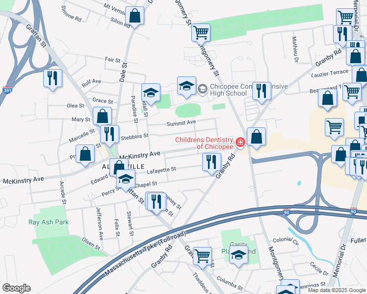 map of restaurants, bars, coffee shops, grocery stores, and more near 862 McKinstry Avenue in Chicopee