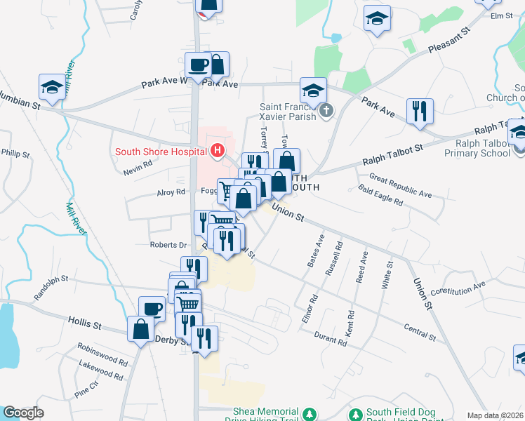 map of restaurants, bars, coffee shops, grocery stores, and more near in Weymouth