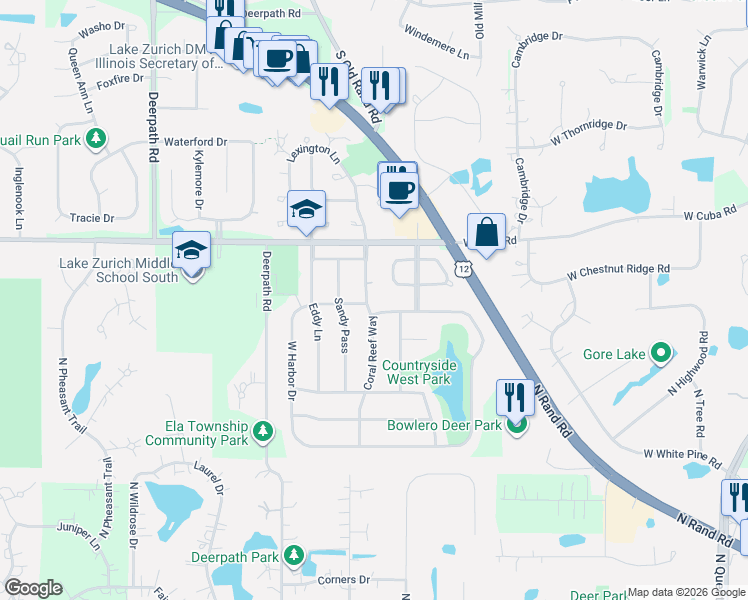 map of restaurants, bars, coffee shops, grocery stores, and more near 706 Fieldstone Circle in Lake Zurich