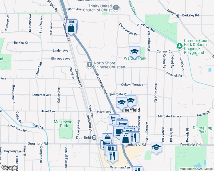 map of restaurants, bars, coffee shops, grocery stores, and more near 1143 Waukegan Road in Deerfield