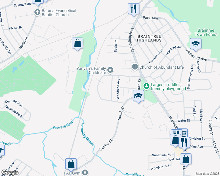map of restaurants, bars, coffee shops, grocery stores, and more near 38 Leahaven Terrace in Braintree