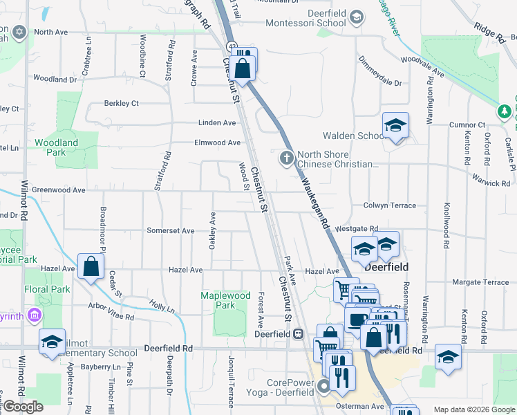 map of restaurants, bars, coffee shops, grocery stores, and more near 1140 Chestnut Street in Deerfield