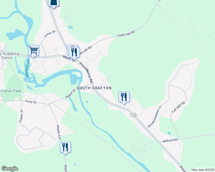 map of restaurants, bars, coffee shops, grocery stores, and more near 12 Harding Street in Grafton