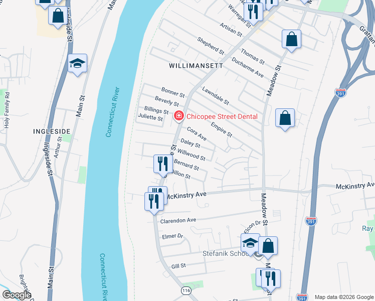 map of restaurants, bars, coffee shops, grocery stores, and more near 32 Willwood Street in Chicopee