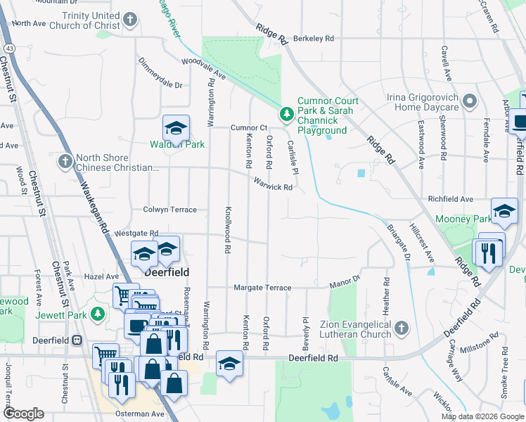 map of restaurants, bars, coffee shops, grocery stores, and more near 1146 Oxford Road in Deerfield