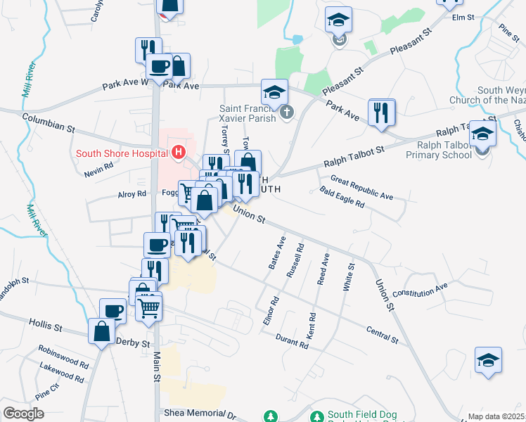 map of restaurants, bars, coffee shops, grocery stores, and more near 46 Union Street in Weymouth