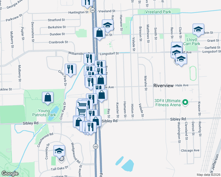 map of restaurants, bars, coffee shops, grocery stores, and more near 18515 Ray Street in Riverview