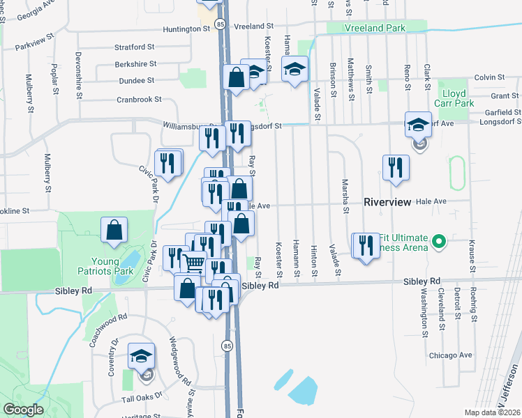 map of restaurants, bars, coffee shops, grocery stores, and more near 18515 Ray Street in Riverview