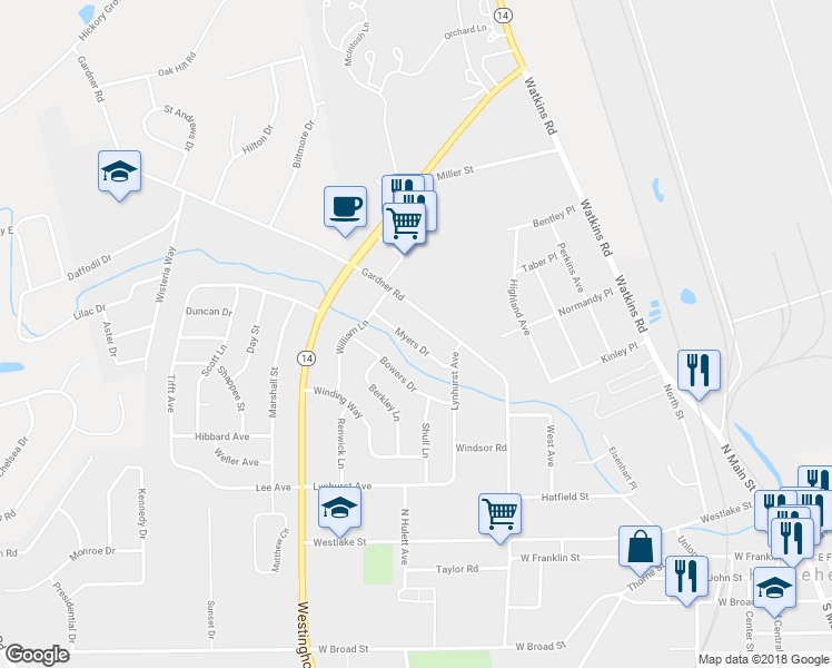 map of restaurants, bars, coffee shops, grocery stores, and more near 116 Myers Drive in Horseheads