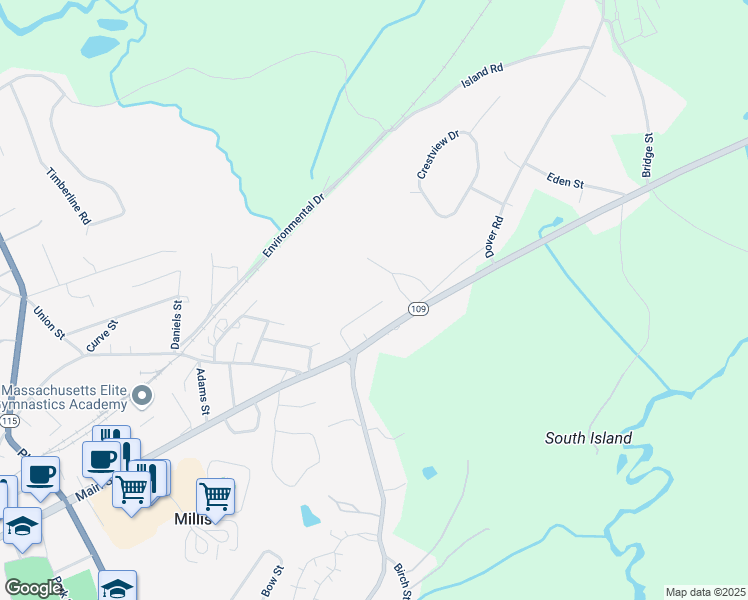 map of restaurants, bars, coffee shops, grocery stores, and more near 96 Cottage Avenue in Millis