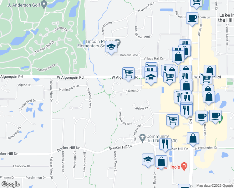 map of restaurants, bars, coffee shops, grocery stores, and more near 2955 Talaga Drive in Algonquin