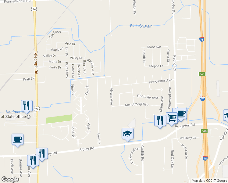 map of restaurants, bars, coffee shops, grocery stores, and more near 18247 Alvaro Avenue in Brownstown Charter Township