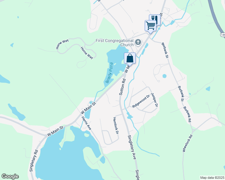 map of restaurants, bars, coffee shops, grocery stores, and more near 183 West Main Street in Millbury