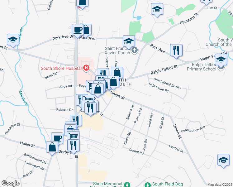 map of restaurants, bars, coffee shops, grocery stores, and more near 46 Union Street in Weymouth