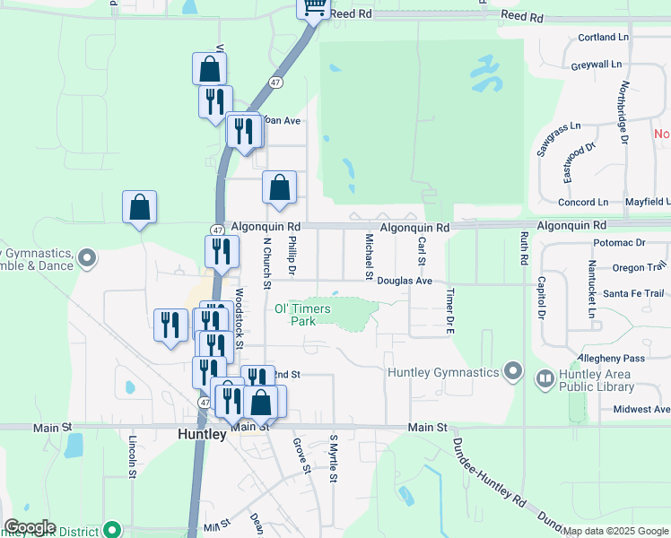 map of restaurants, bars, coffee shops, grocery stores, and more near 10615 Mathew Street in Huntley