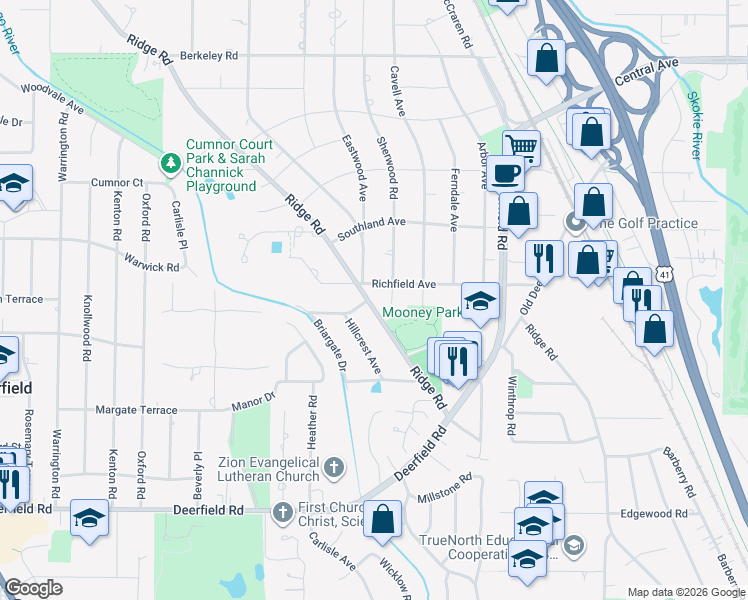 map of restaurants, bars, coffee shops, grocery stores, and more near 1172 Sherwood Road in Highland Park