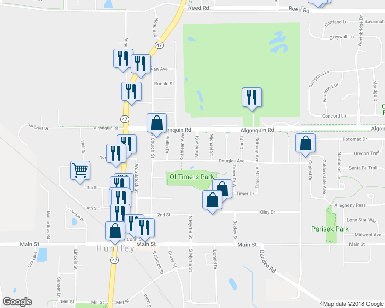 map of restaurants, bars, coffee shops, grocery stores, and more near 10615 Mathew Street in Huntley