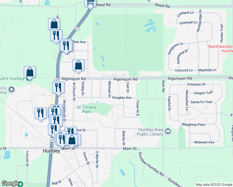 map of restaurants, bars, coffee shops, grocery stores, and more near 10615 Charles Street in Huntley